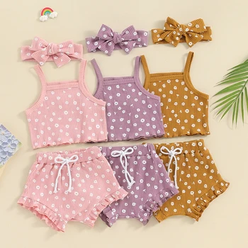 Летние комплекты одежды для новорожденных девочек 0-18 м, топы без рукавов с цветочным принтом, оборки, Шорты на шнурке, Пляжная одежда