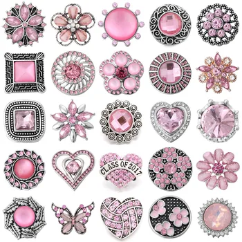 6 шт./лот, ювелирные изделия на кнопках, Розовые пуговицы с цветочным рисунком из горного хрусталя, подходят для 18-миллиметровых браслетов на кнопках, браслеты, украшения своими руками