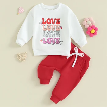 Комплект одежды для новорожденных мальчиков на День Святого Валентина из 2 предметов, толстовка с длинным рукавом Love Heart для малышей, комплект брюк для бега трусцой