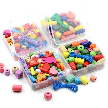 Коробка в 3 стилях, набор разноцветных бусин из натурального дерева, Развивающая игрушка для прорезывания зубов У ребенка, Деревянные бусины 