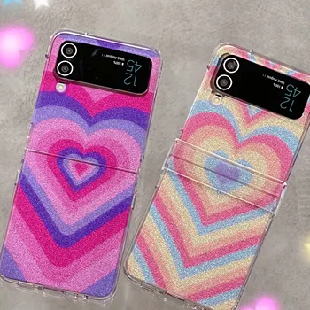 Ins Блестящий Лазерный Чехол Для Samsung Galaxy Z Flip 3 4 5G Love Heart 3D 3 В 1 Браслет Милый Мультяшный ПК Жесткий Чехол Для Телефона Capa