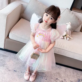 Летнее платье для маленьких девочек Детская одежда Крылатая радужная кружевная вуаль Сетчатое платье принцессы от 1 до 8 лет детские платья на день рождения
