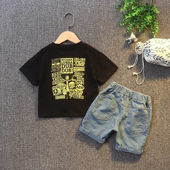 Летняя одежда для маленьких мальчиков с героями мультфильмов, Хлопковые детские футболки для девочек + джинсовые шорты, модные комплекты