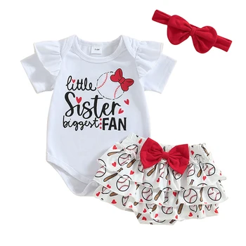 Летняя Одежда для новорожденных девочек, комплект из 3 шт., хлопковый комбинезон, бейсбольные юбки-пачки с рюшами, короткий наряд с повязкой на голове