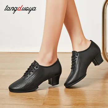 Черные кожаные женские туфли для латиноамериканских танцев, танцевальные туфли для сальсы и бачаты, женские туфли на высоких каблуках 3,5/5 см, женские туфли для джазовых танцев в стиле модерн.