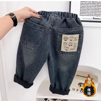 Джинсы с флисовой подкладкой для мальчиков, детские мягкие однослойные брюки с флисовой подкладкой 2023, осенне-зимние детские повседневные брюки