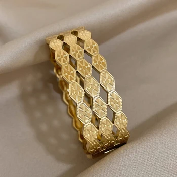 Greatera Широкие браслеты с текстурой из нержавеющей стали 316L, браслеты для женщин, позолоченный металлический браслет с геометрическим рисунком, водонепроницаемые ювелирные изделия
