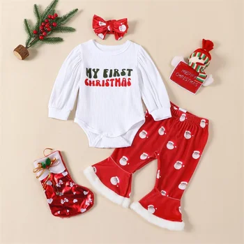 SUNSIOM, Рождественский комбинезон для новорожденных девочек, наряды с буквенным принтом, длинный комбинезон с пышными рукавами + Бархатные брюки-клеш + повязка на голову, 3 шт.