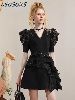 Высококачественное черное платье во французском стиле, женское Зрелое Элегантное мини-платье в стиле знаменитостей с нерегулярными блестками и кружевом с коротким рукавом