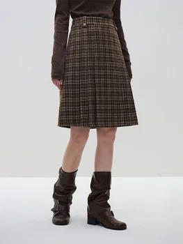 FSLE Винтажный стиль, 49,5% шерсть, коричневая клетчатая юбка для женщин, осень и зима 2023, Новая женская плиссированная юбка в стиле ретро с высокой талией