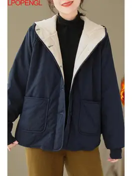 Зимняя винтажная женская простая повседневная Универсальная однотонная хлопковая куртка Осеннее модное однобортное пальто с капюшоном и длинным рукавом