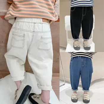 Свободные джинсы для маленьких мальчиков и девочек, новые модные повседневные однотонные джинсы в корейском стиле, весна-осень, детские джинсовые брюки на 1-7 лет