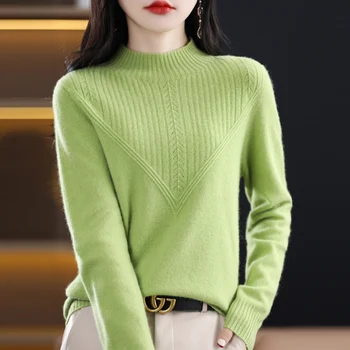 100% чистый женский свитер 2023, осенне-зимний новый однотонный модный пуловер свободной вязки толщиной до половины роста.