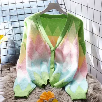 Женский свитер в клетку с цветным блоком, свободного кроя, осень и зима, Новый модный мягкий вязаный кардиган с V-образным вырезом, приятный на ощупь.