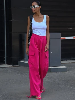 Винтажные свободные розовые брюки-карго, женские осенние модные широкие брюки с высокой талией, уличная одежда в стиле хип-хоп, брюки полной длины с карманами на пуговицах