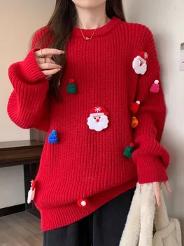 Рождественский свитер 2024, Женский Свободный Новогодний свитер, вязаный пуловер с милым объемным Санта-Клаусом, круглый вырез, длинный рукав, топ