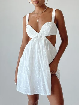 Женское платье-комбинация с вырезом Y2K, сексуальное платье трапециевидной формы без рукавов с открытой спиной, выдолбленный цветок, летняя пляжная клубная одежда, уличная одежда