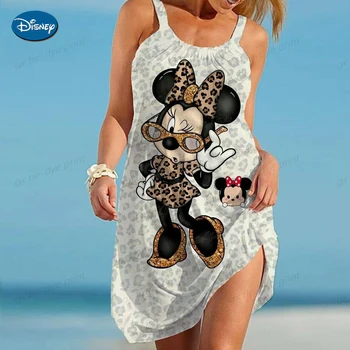 Элегантное женское платье Sexy Leopard Minnie Mouse, женское платье на бретелях, летнее женское пляжное платье в стиле бохо Дисней, свободный принт, мода Микки
