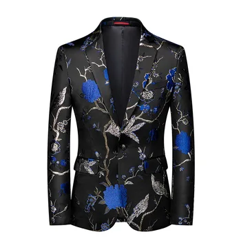Мужской роскошный жаккардовый пиджак синего цвета с воротником-лацканом на одной пуговице, свадебные костюмы для выпускного вечера, банкета, модный деловой приталенный блейзер