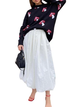 Женский весенне-осенний вязаный свитер с длинным рукавом и круглым вырезом, повседневный трикотаж с грибным принтом