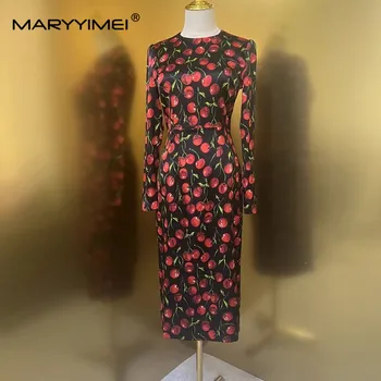 MARYYIMEI, Новинка 2023, модное дизайнерское сексуальное платье с фруктовым принтом, тонкая элегантная посылка, модное шелковое женское платье с длинными рукавами, платья средней длины