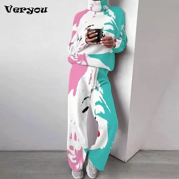 Новый женский элегантный комплект из двух предметов, ретро-водолазка, пуловер + широкие брюки, наряды, Осенне-зимний костюм с рисунком