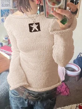 Женские укороченные свитера Трикотажные Укороченные Y2k Однотонные с графическим принтом, рубчатый низ с длинными рукавами, Тонкий трикотаж Осень-зима