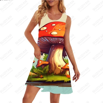 Женские платья, хит продаж, повседневное свободное платье длиной до бедер, милое платье с 3D-принтом в виде грибов, Летнее платье для повседневного отдыха