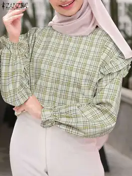 Осенняя Элегантная блузка, Женские мусульманские топы, Модная клетчатая рубашка ZANZEA с длинным рукавом, одежда Ramadan Abaya IsIam, Дубайские блузки