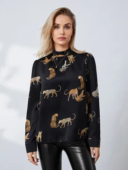 Женская весенне-осенняя повседневная рубашка с длинным рукавом, пуловер с леопардовым принтом и имитацией горловины.