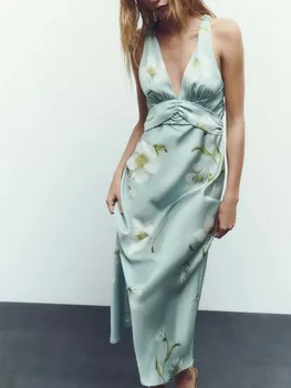 Летнее новое женское модное европейское и американское сексуальное универсальное шелковое атласное платье с цветочным принтом