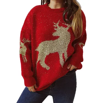 Женский осенне-зимний жаккардовый свитер с золотой нитью и рисунком Оленя, Круглый вырез, длинный рукав, Рождественский свитер, вязаный пуловер