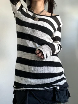 Женская толстовка в черно-белую полоску, винтажные пуловеры в полоску с длинным рукавом, вязаные крючком
