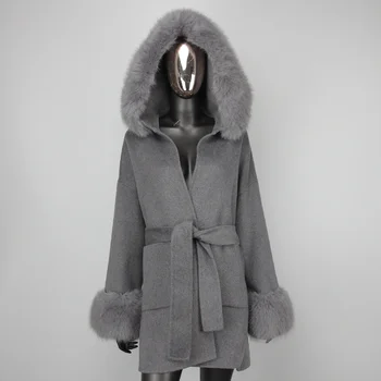 2023 Женское высококачественное кашемирово-шерстяное пальто с капюшоном и воротником из искусственного меха, подпоясанное мягким свободным повседневным шерстяным пальто средней длины