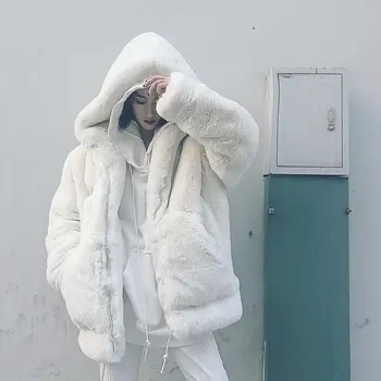 Корейское Утолщенное Норковое бархатное зимнее пальто Женская куртка из искусственного меха Свободная имитация Кроличьего Меха Плюшевая Шуба с капюшоном Верхняя одежда