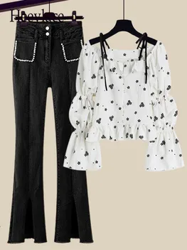 Женский весенний комплект из двух предметов, корейский повседневный комплект с открытыми плечами, расклешенная рубашка с цветочным рисунком и вырезом лодочкой + джинсовые длинные брюки, комплекты