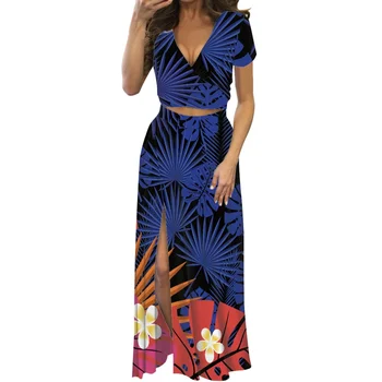 Летнее женское платье макси с глубоким вырезом для пляжной вечеринки, Гавайские платья для женщин, раздельное платье из двух частей, одежда с V-образным вырезом и коротким рукавом