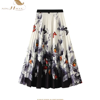 2023 Повседневная весенне-летняя женская плиссированная юбка с эластичным поясом и принтом бабочки, элегантная винтажная юбка миди трапециевидной формы SR1237