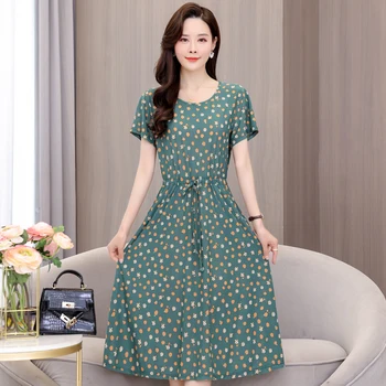 Летние платья для женщин 2023 Новое повседневное винтажное платье с коротким рукавом в корейском стиле, одежда для женщин среднего возраста высокого качества