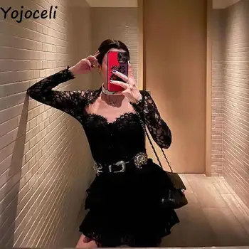 Yojoceli Женское черное кружевное короткое платье с рюшами, повседневное элегантное вечернее летнее платье, женское сексуальное платье на бретелях, vestidos