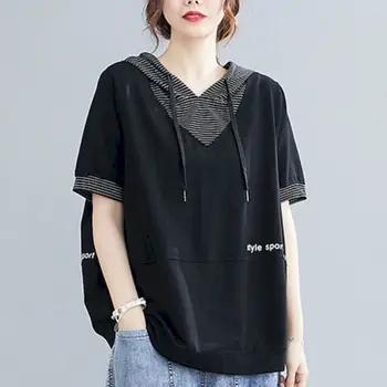 Женские толстовки с короткими рукавами, Корейская свободная футболка большого размера в литературную полоску, футболка с капюшоном на завязках, Летняя футболка с принтом