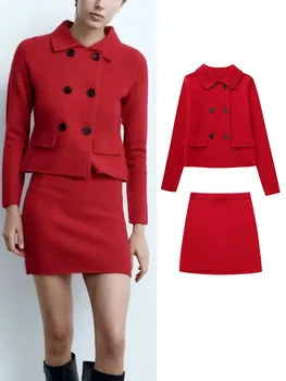 Осенние женские красные вязаные комплекты TRAF 2023, модные двубортные топы с лацканами и длинными рукавами + мини-юбки, шикарный женский вязаный наряд