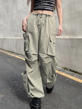 Винтажные брюки-карго Y2K с несколькими карманами сбоку, с низкой посадкой, уличная одежда Egirl, Повседневные Универсальные Свободные Спортивные брюки с широкими штанинами, Женские брюки