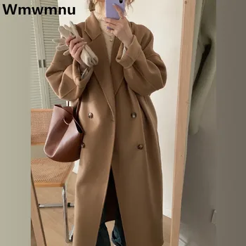 Женские зимние шерстяные пальто Корейская мода Двубортные длинные куртки Повседневные шерстяные смеси Теплое утепленное пальто Eleagnt Новинка 2023 года