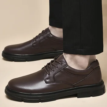 2023 Осенняя Высококачественная мужская обувь на шнуровке, Мужская Повседневная обувь на платформе и квадратном каблуке, Мужская Кожаная Офисная Мужская обувь для карьеры