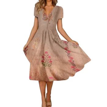 Винтажное Летнее платье Миди для женщин 2023, повседневное платье-качалка с коротким рукавом и V-образным вырезом в стиле ретро, Высококачественное элегантное платье Миди