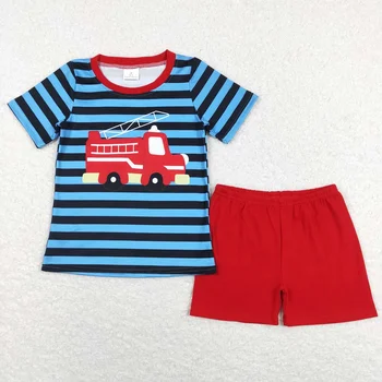 Оптовая горячая распродажа детской одежды для маленьких мальчиков, синий костюм в автомобильную полоску с короткими рукавами и красными шортами, костюм