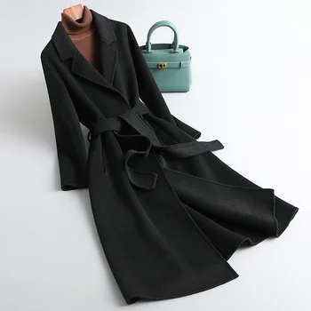 Двустороннее кашемировое пальто Женское средней длины 2023, осень/зима, новинка, приталенное черное шерстяное пальто женское