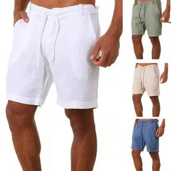 2023 Новые мужские повседневные Модные льняные шорты высокого качества Льняные однотонные короткие брюки Мужские Летние пляжные дышащие льняные шорты