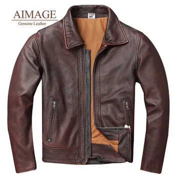 Мужская мотоциклетная красно-коричневая ретро-потертая куртка из воловьей кожи в классическом повседневном стиле PY067